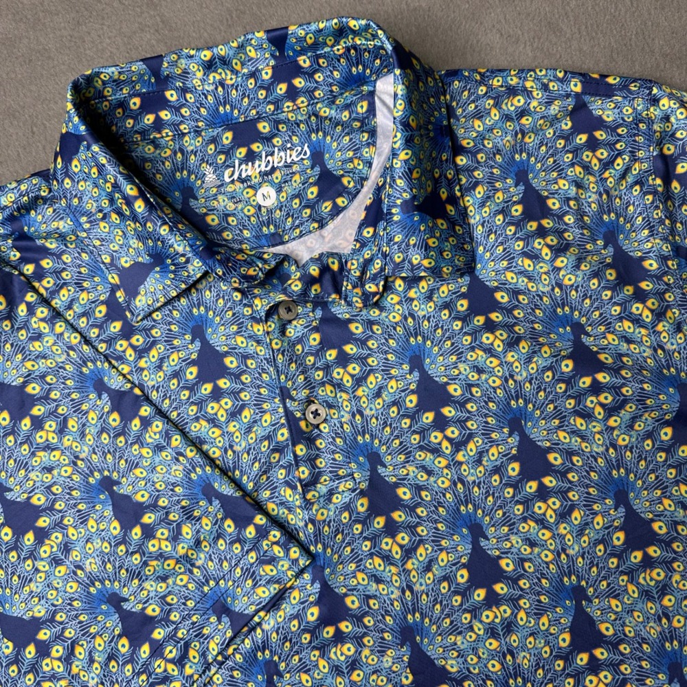 Chubbies Polo‎ Shirt Medium Blue Peacock Feather Print SS24CA1005H Short Sleeve